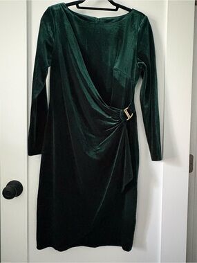 DKNY Deep Green Velvet Long Sleeve Wrap Dress with Gold Buckle